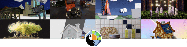 Canopy Games Blender course render strip with a row of thumbnails and the toucan logo centred.