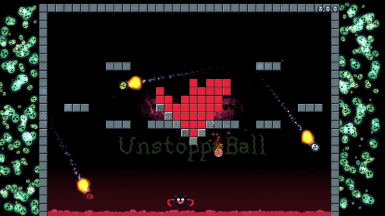 Godot breakout-style game Unstoppaball with a red heart-shaped brick formation and green bricks on either side, flaming balls in play.