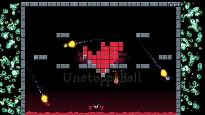 Godot breakout-style game Unstoppaball with a red heart-shaped brick formation and green bricks on either side, flaming balls in play.