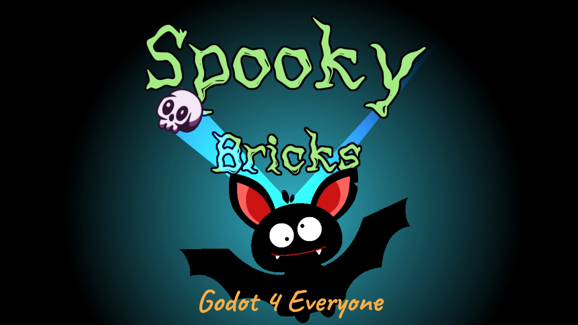 Spooky Bricks Godot course logo with a cartoon bat, a skull, and the subtitle Godot 4 Everyone.