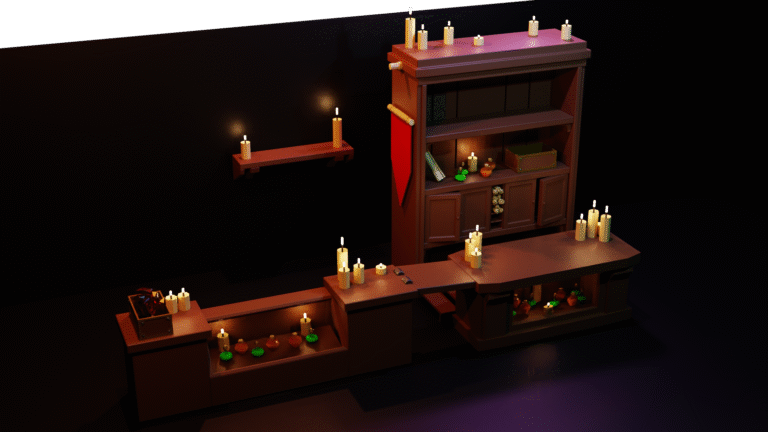 Blender work-in-progress render of an apothecary's shelf with lit candles and potions on a dark background.
