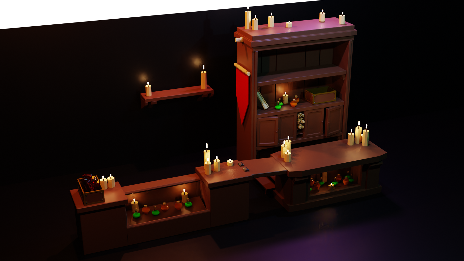 Blender work-in-progress render of an apothecary's shelf with lit candles and potions on a dark background.