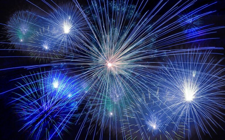 Blue and white fireworks bursting against a night sky.