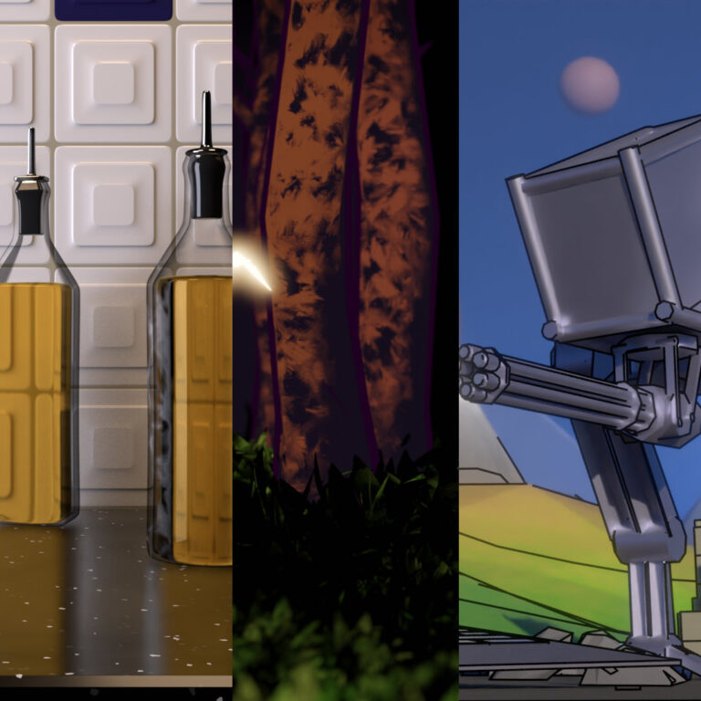 Triptych of three Blender-course renders: oil bottles in a tiled kitchen, a sunbeam through trees, and a stylised mechanical walker.