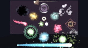 Blender viewport filled with stylised particle effects including sparks, magical swirls, and coloured bursts on a dark background.