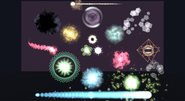 Blender viewport filled with stylised particle effects including sparks, magical swirls, and coloured bursts on a dark background.