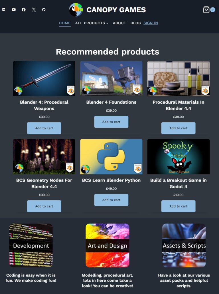 Canopy Games website home page showing recommended products including Procedural Weapons, Blender 4 Foundations, and BCS Learn Blender Python.