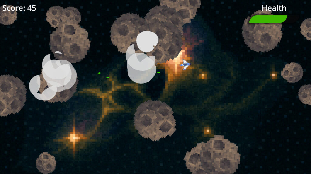 Gameplay screenshot from the Asteroids in Godot 4 course showing the player ship firing at asteroids with score and health UI