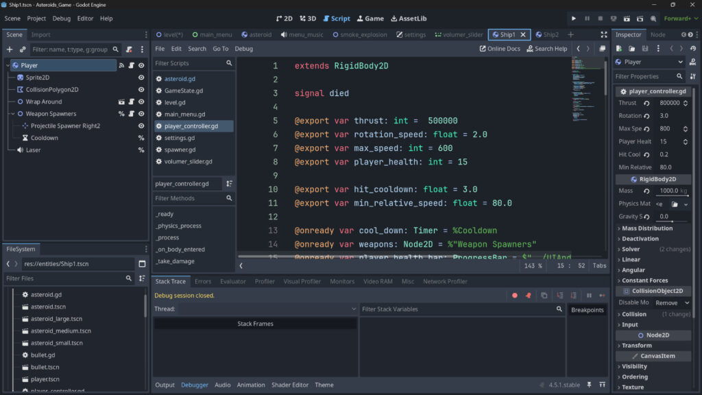 Godot 4 editor with the player ship script open, showing GDScript code for thrust, rotation, and player health