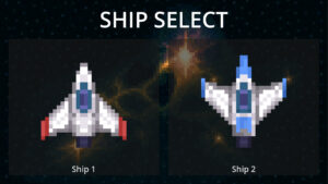 Ship Select screen from the Asteroids Godot game showing two pixel-art fighter ships side by side over a nebula background.