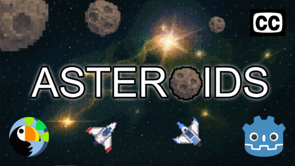 Asteroids in Godot 4 course key art: pixel-art ship sprites against an asteroid field, branded with Canopy Games and Godot logos
